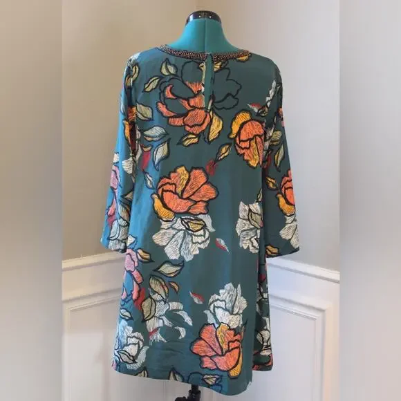 Maeve Anthropologie Teal Floral Dress Beaded Neckline | Womenβs Medium | Mini - Picture 3 of 10